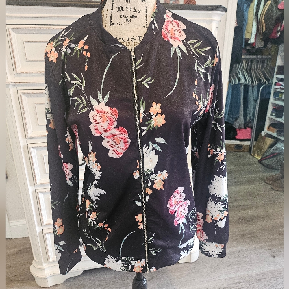 Floral Bomber Jacket - Black with Pink Floral Print